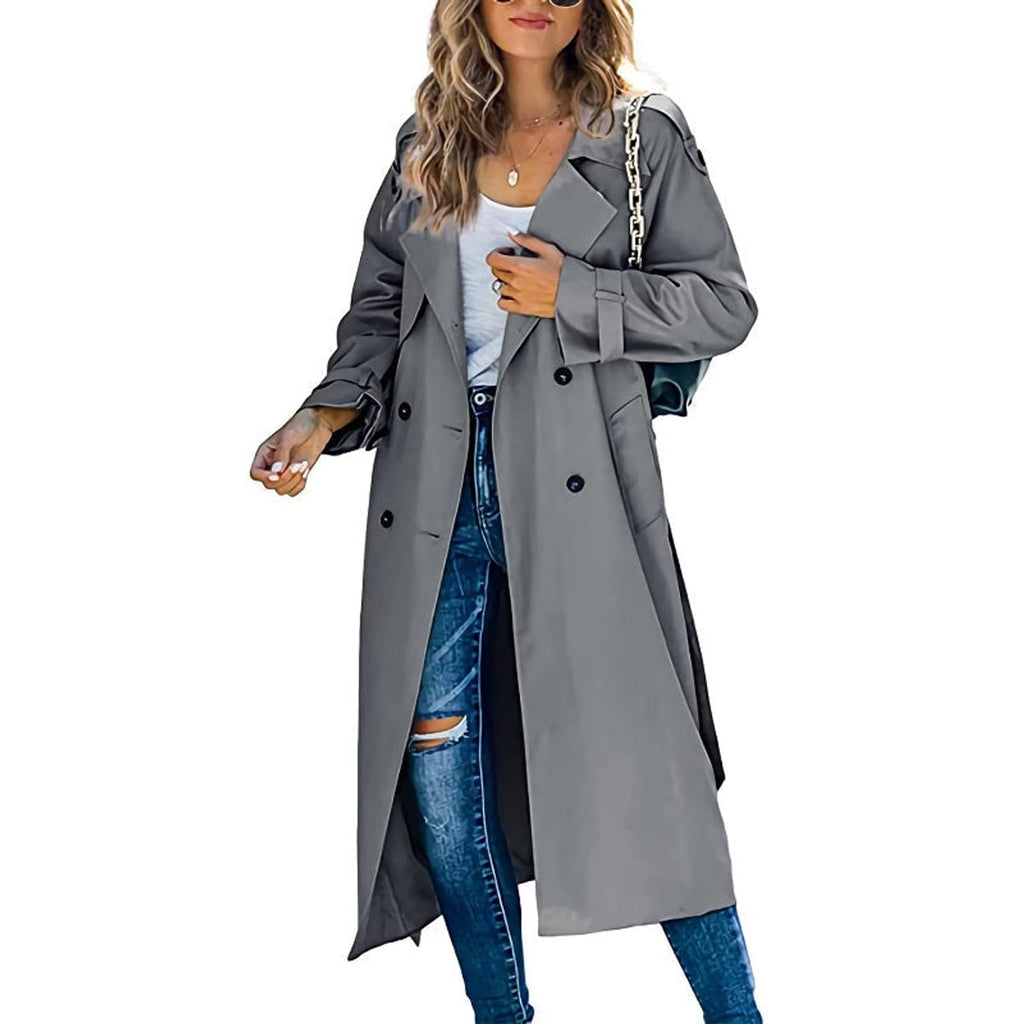 women's long belted trench coat in gray