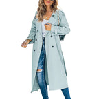 women's long belted trench coat in light blue
