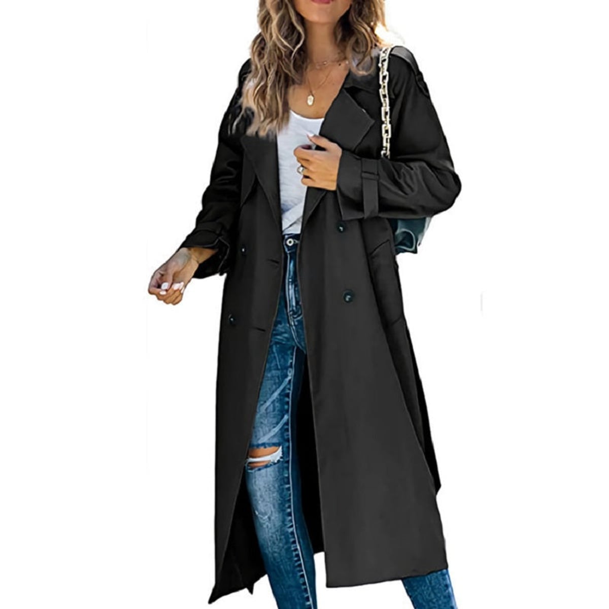 women's long belted trench coat in black