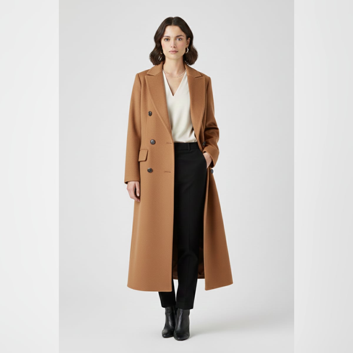 women's long lapel coat in brown