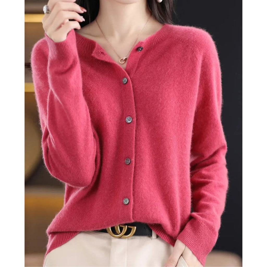 women's long sleeve button-up cardigan in hot pink