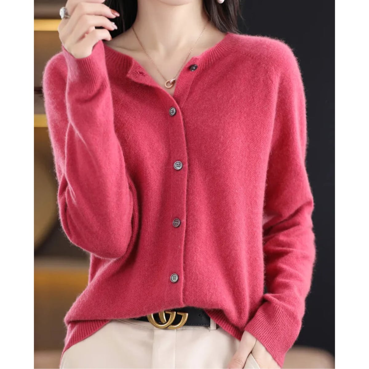 women's long sleeve button-up cardigan in hot pink