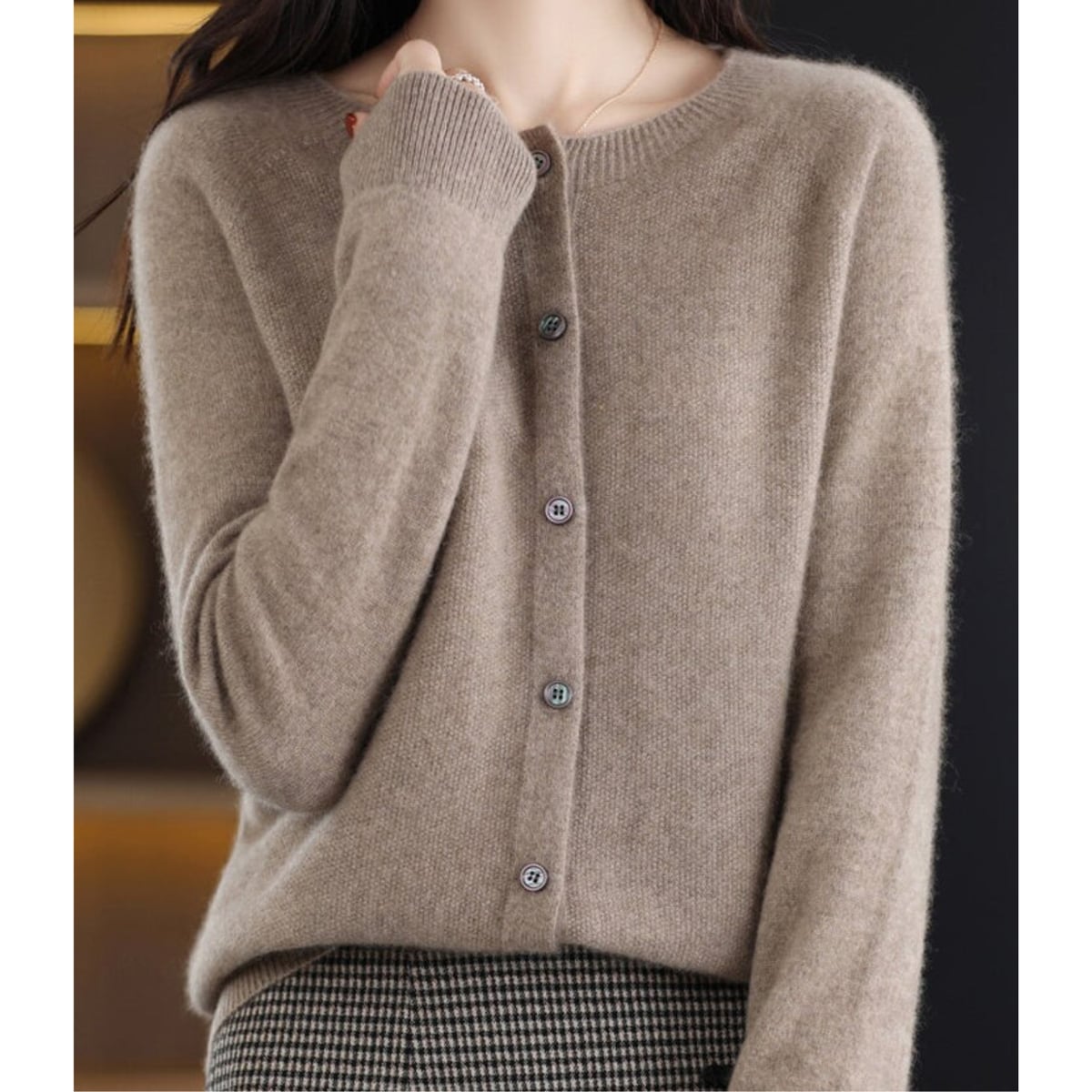 women's long sleeve button-up cardigan in brown