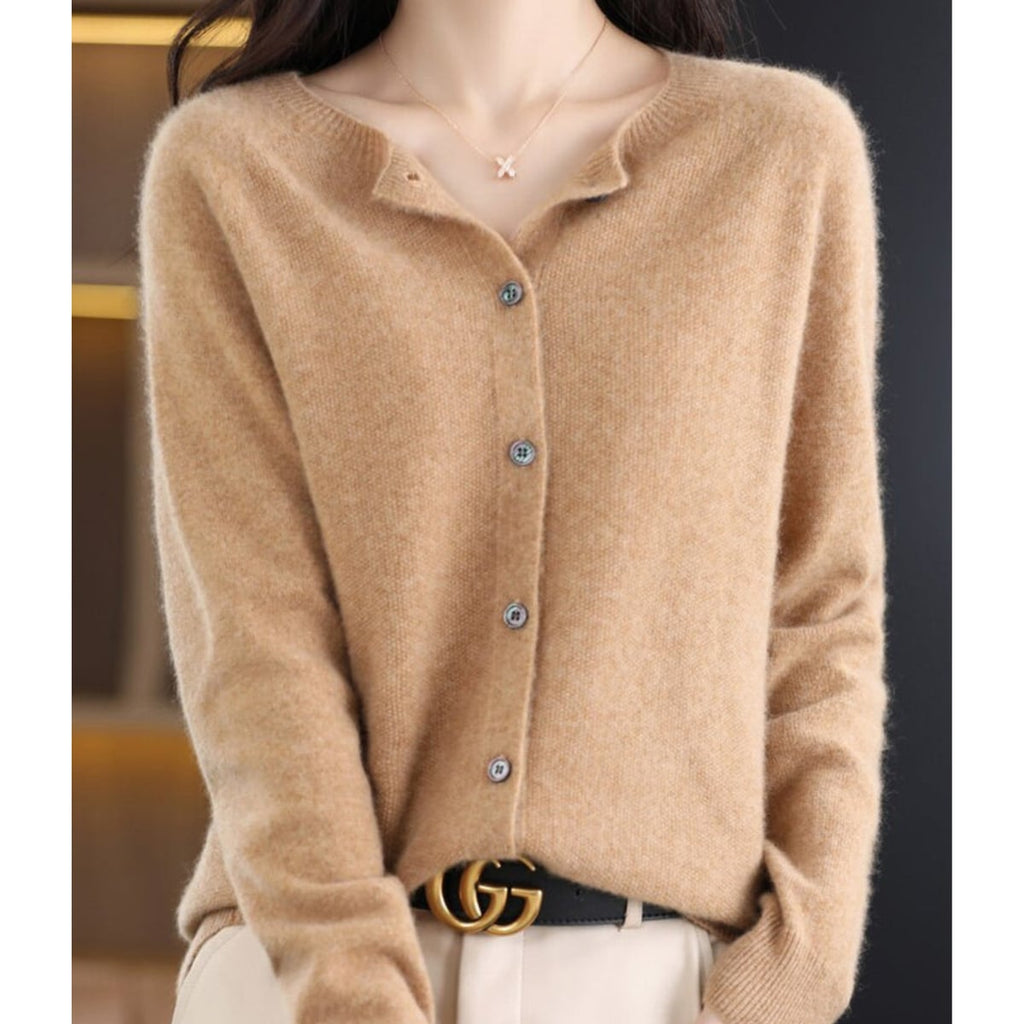women's long sleeve button-up cardigan in light brown