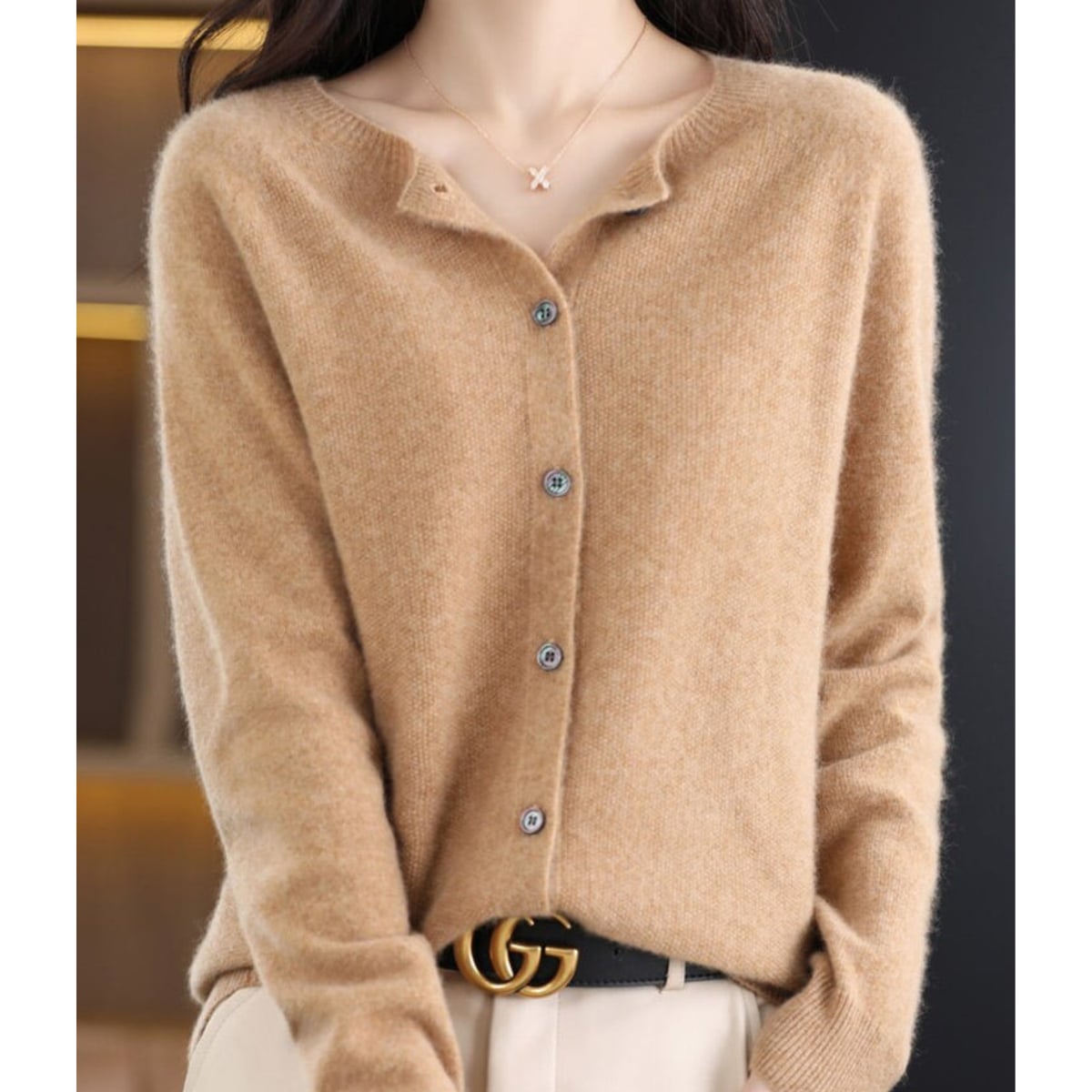 women's long sleeve button-up cardigan in light brown