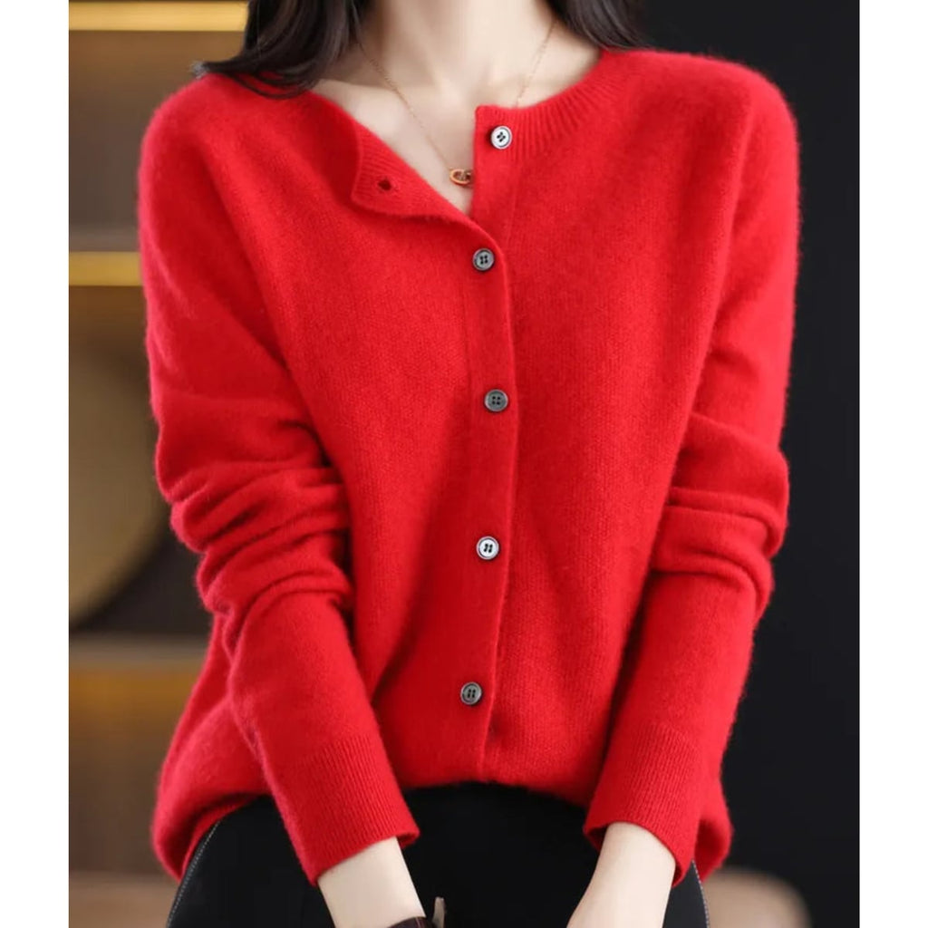 women's long sleeve button-up cardigan in red