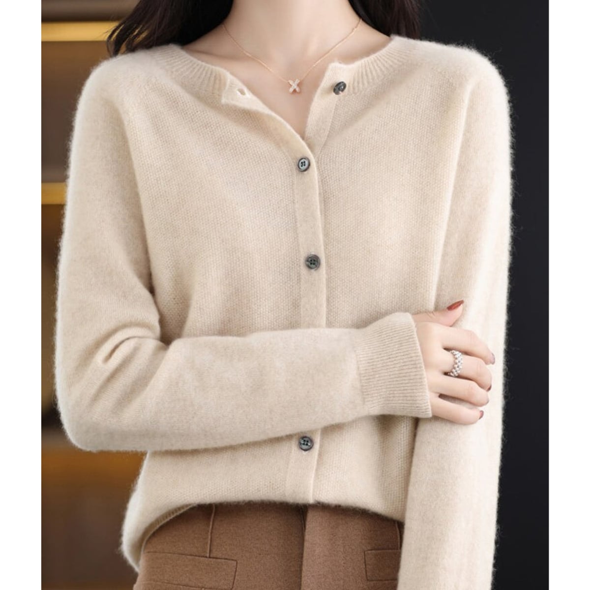 women's long sleeve button-up cardigan in khaki