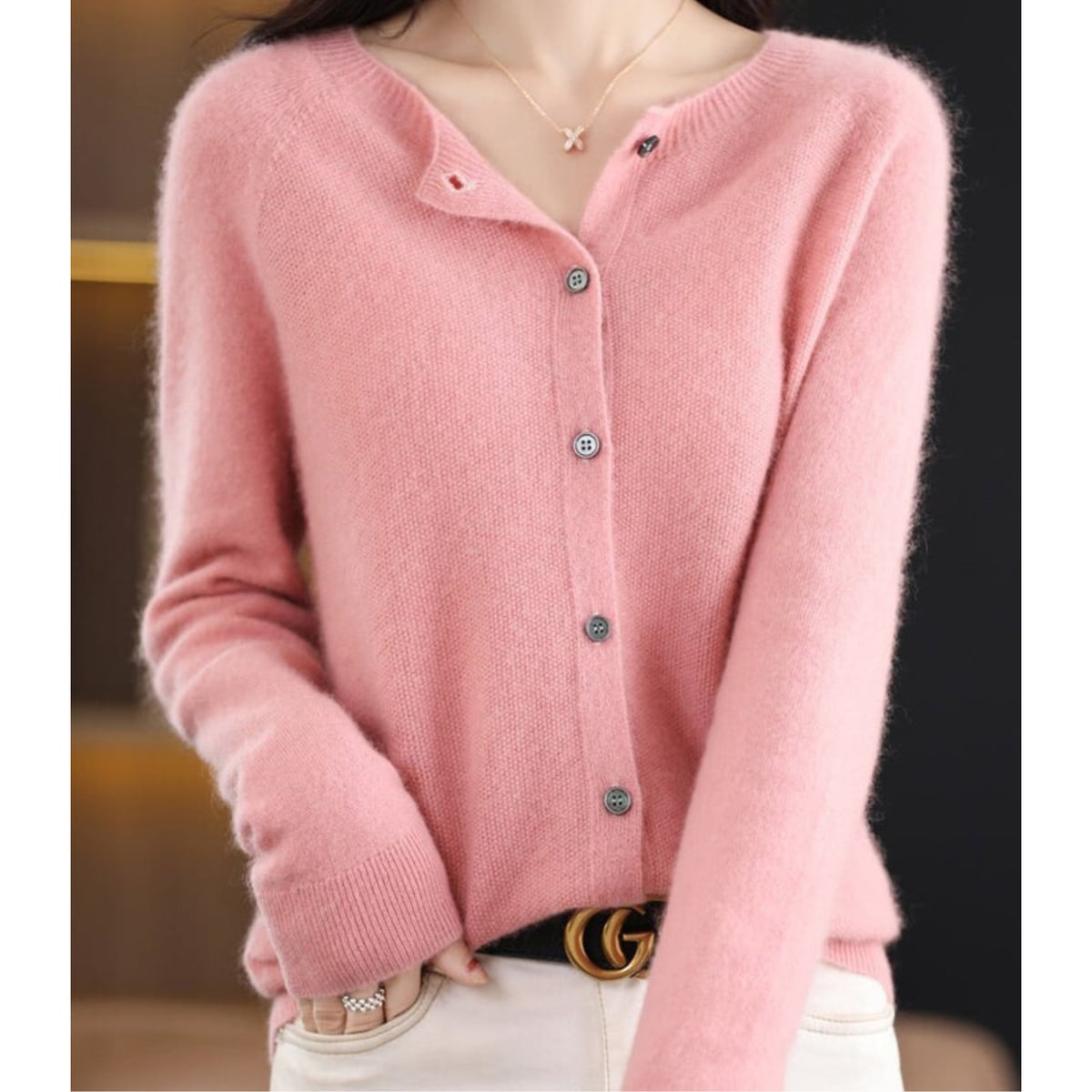 women's long sleeve button-up cardigan in light pink
