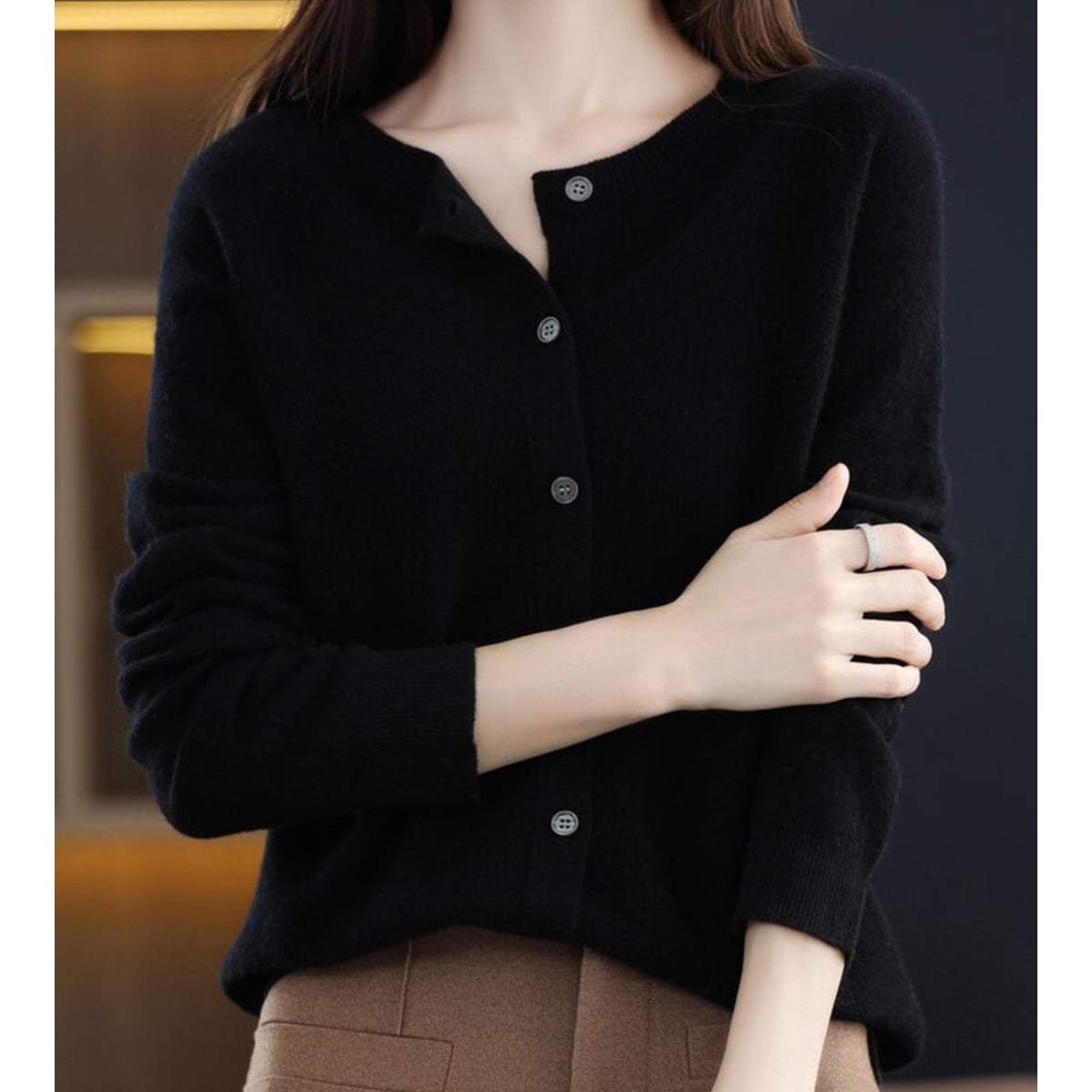 women's long sleeve button-up cardigan in black