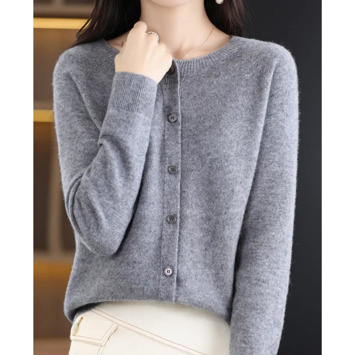 women's long sleeve button-up cardigan in gray