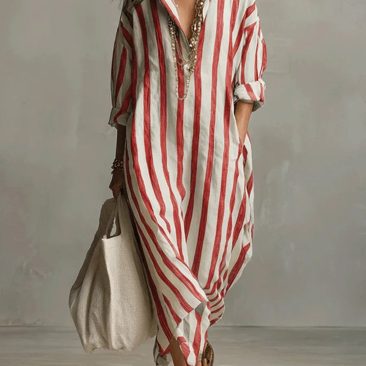 women's loose fit v-neck shirt dress in red