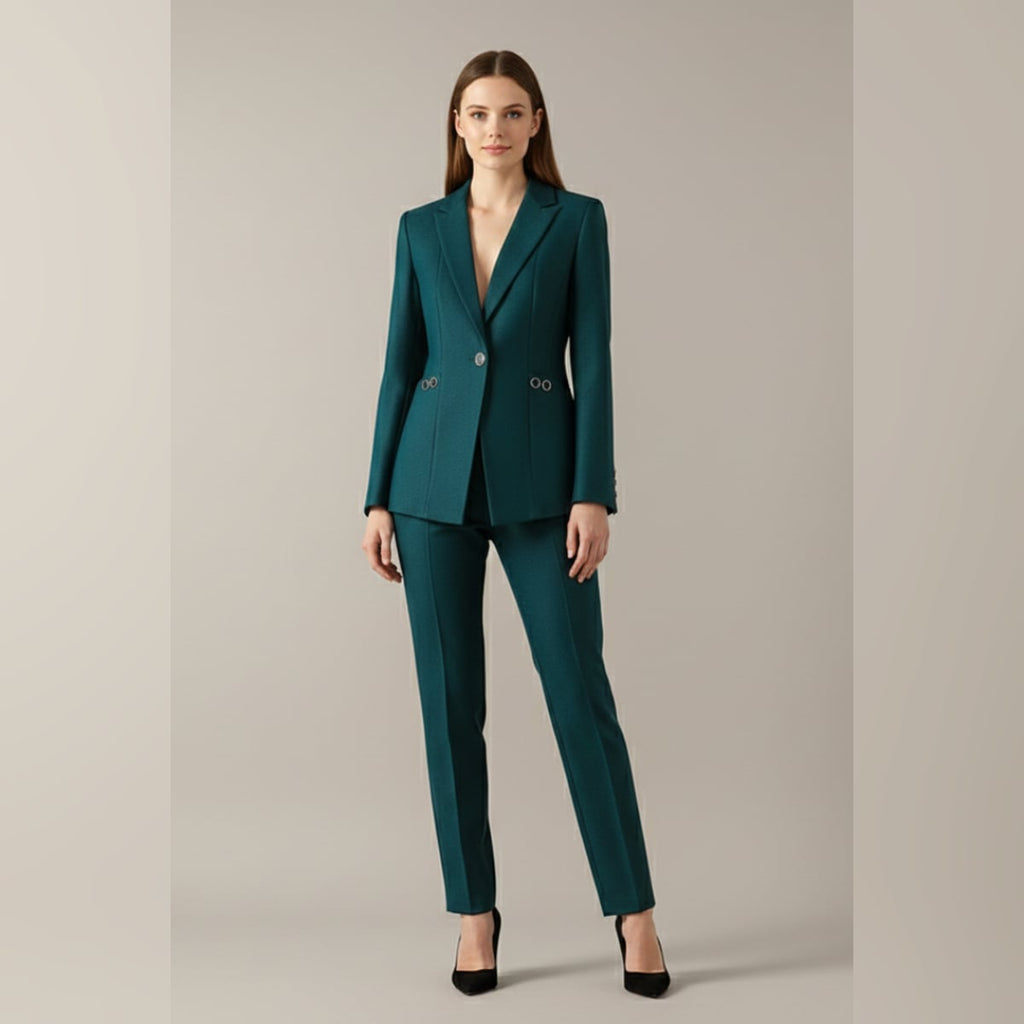 women's one button blazer and straight trousers set in teal