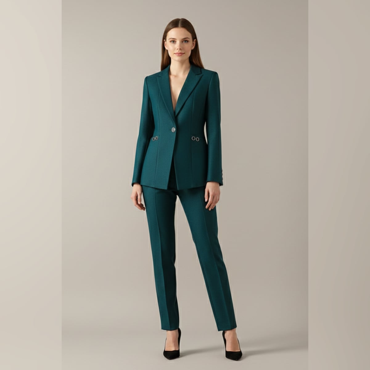 women's one button blazer and straight trousers set in teal