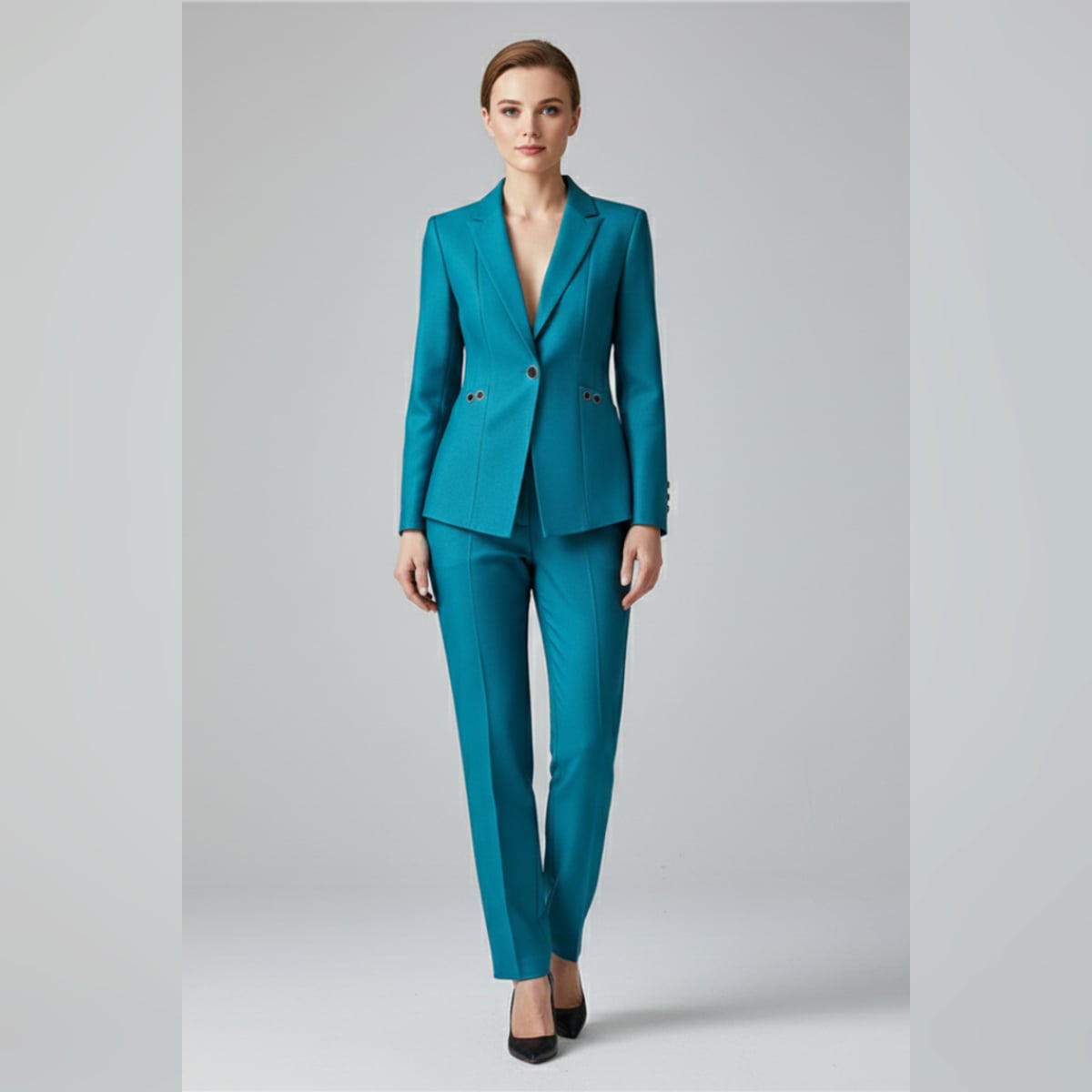 women's one button blazer and straight trousers set in blue
