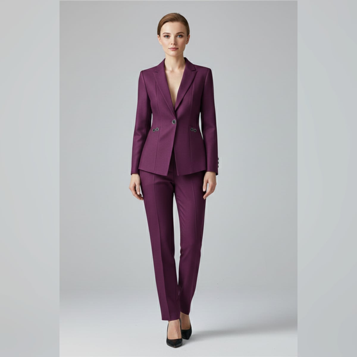 women's one button blazer and straight trousers set in purple