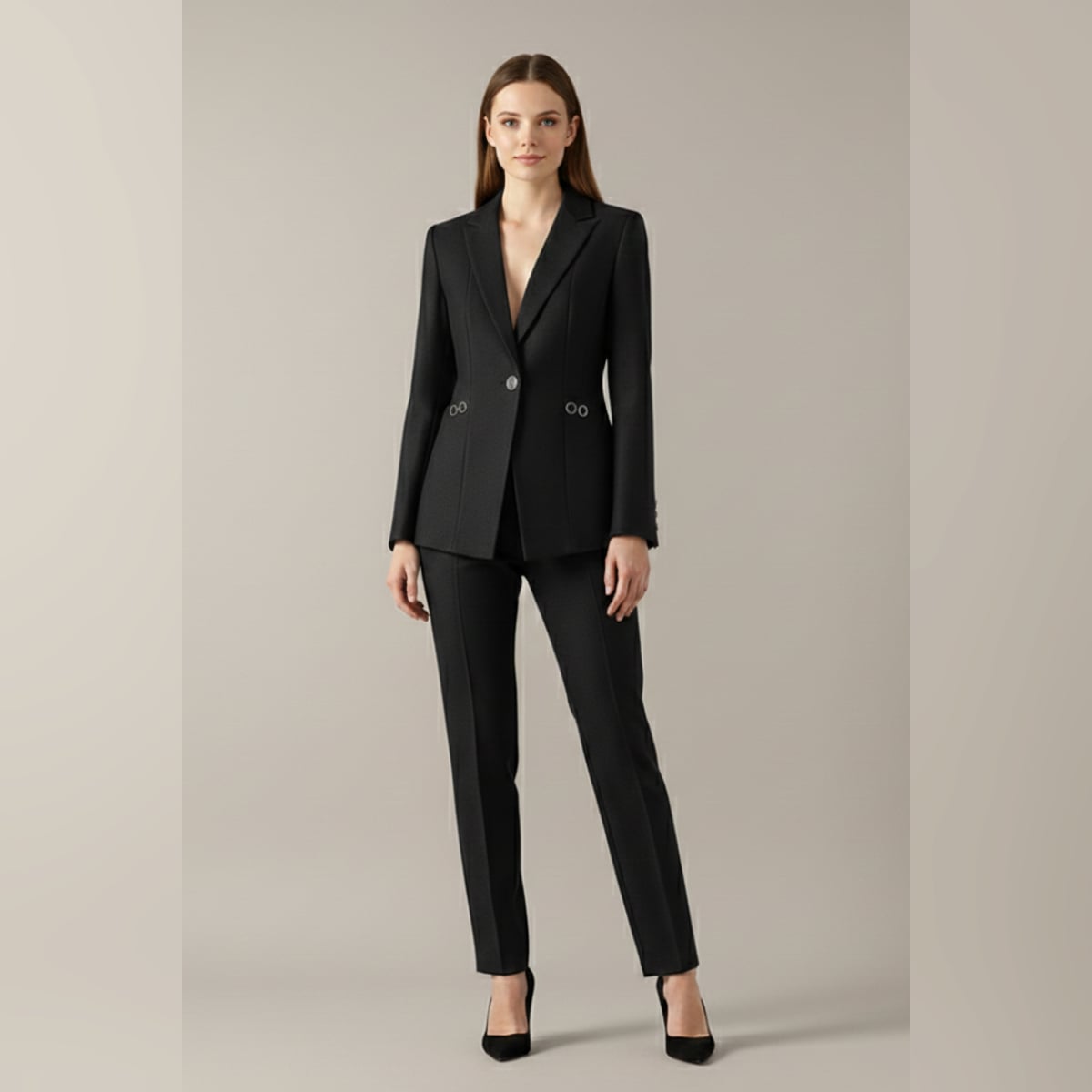 women's one button blazer and straight trousers set in black