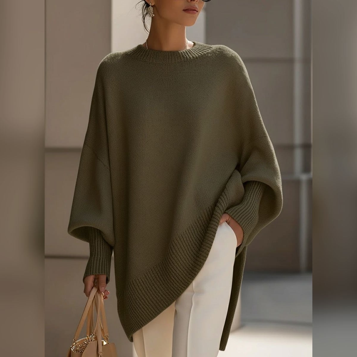 women's oversized asymmetrical hem sweater in olive green