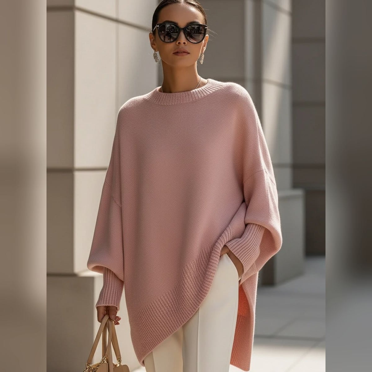 women's oversized asymmetrical hem sweater in pink