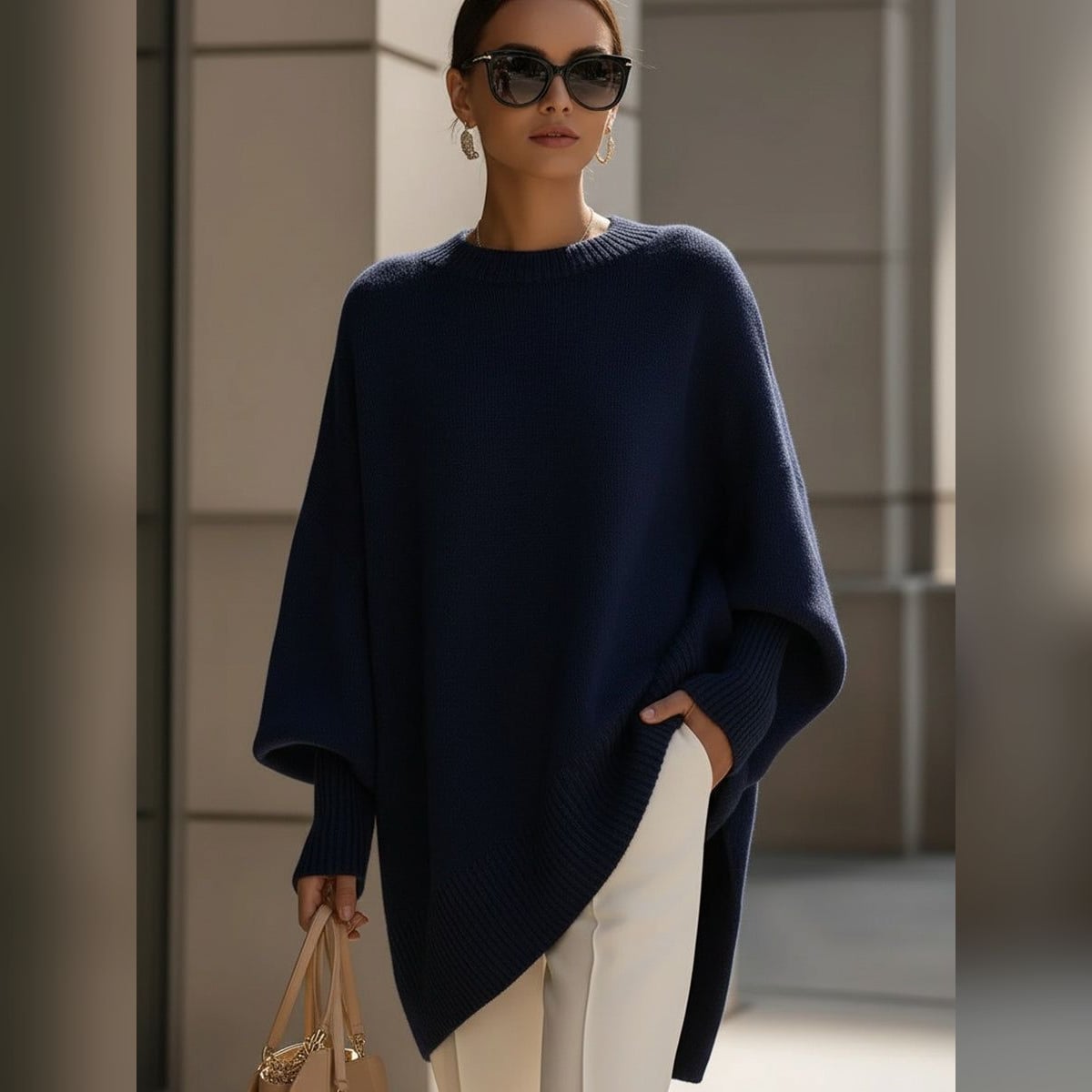 women's oversized asymmetrical hem sweater in navy blue