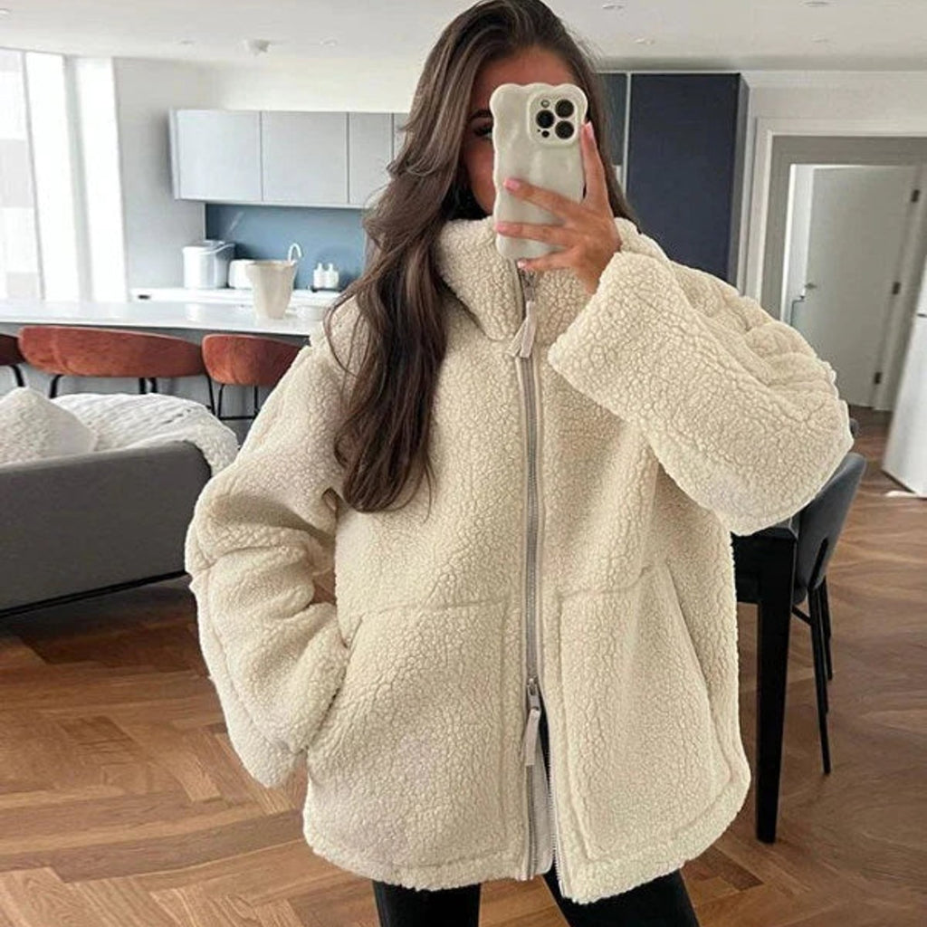 women's oversized fleece zip-up jacket in beige
