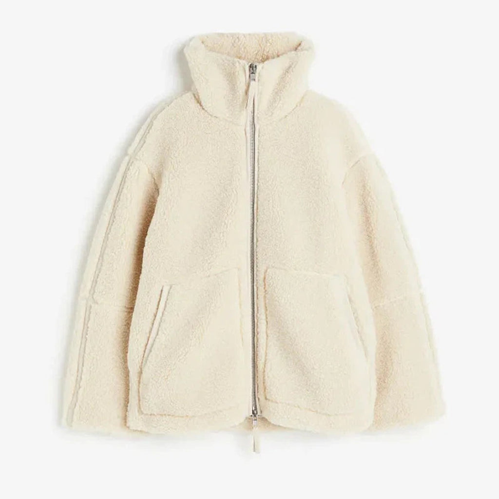 women's oversized fleece zip-up jacket in beige