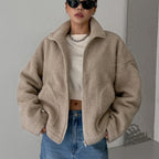 women's oversized fleece zip-up jacket in brown