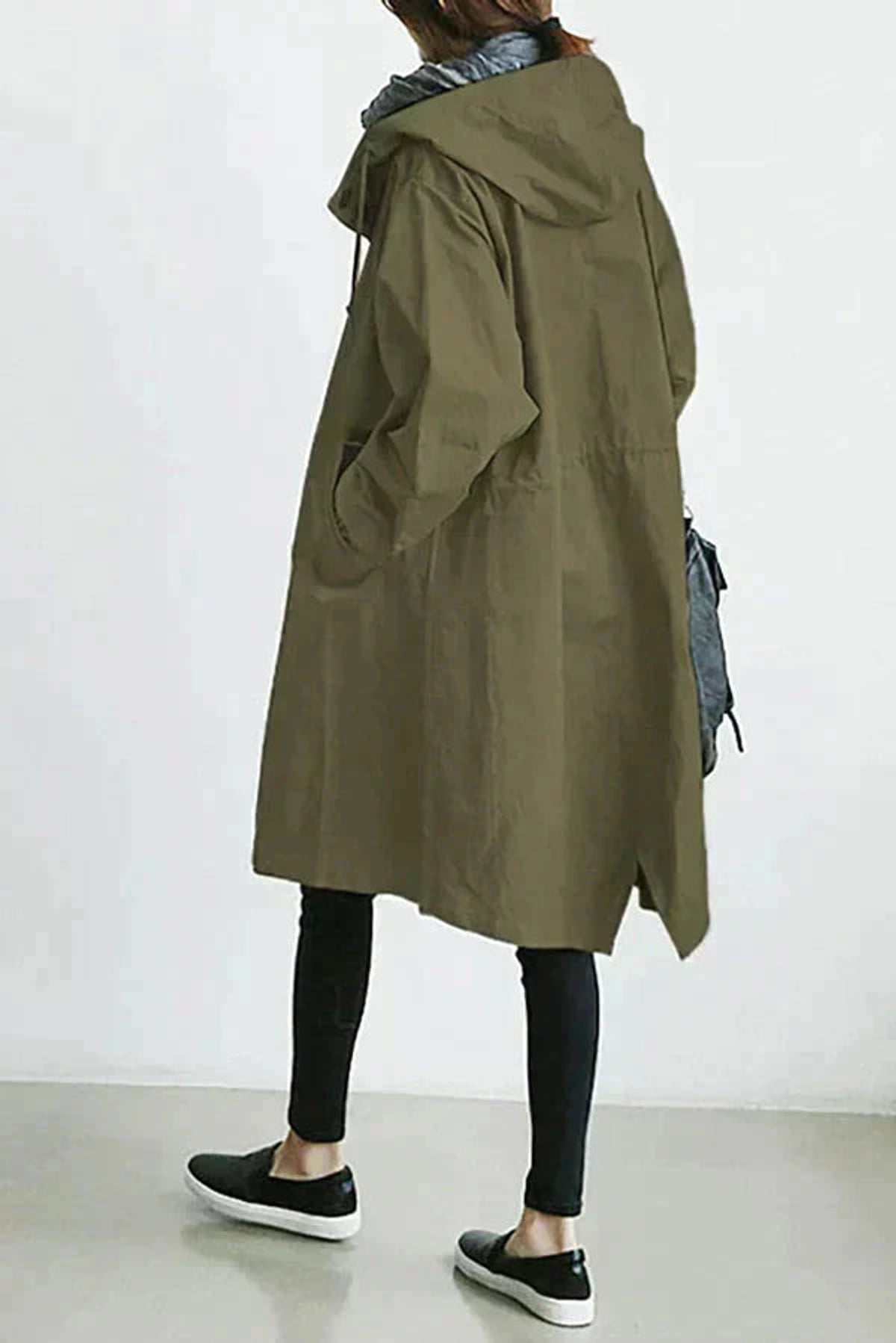 women's oversized hood rain coat army green