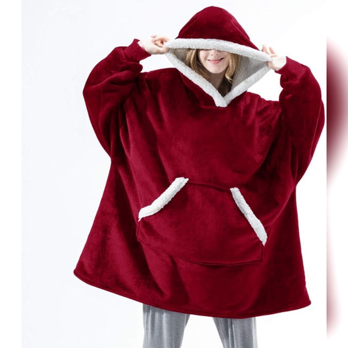 women's oversized hooded blanket sweatshirt in red with pockets