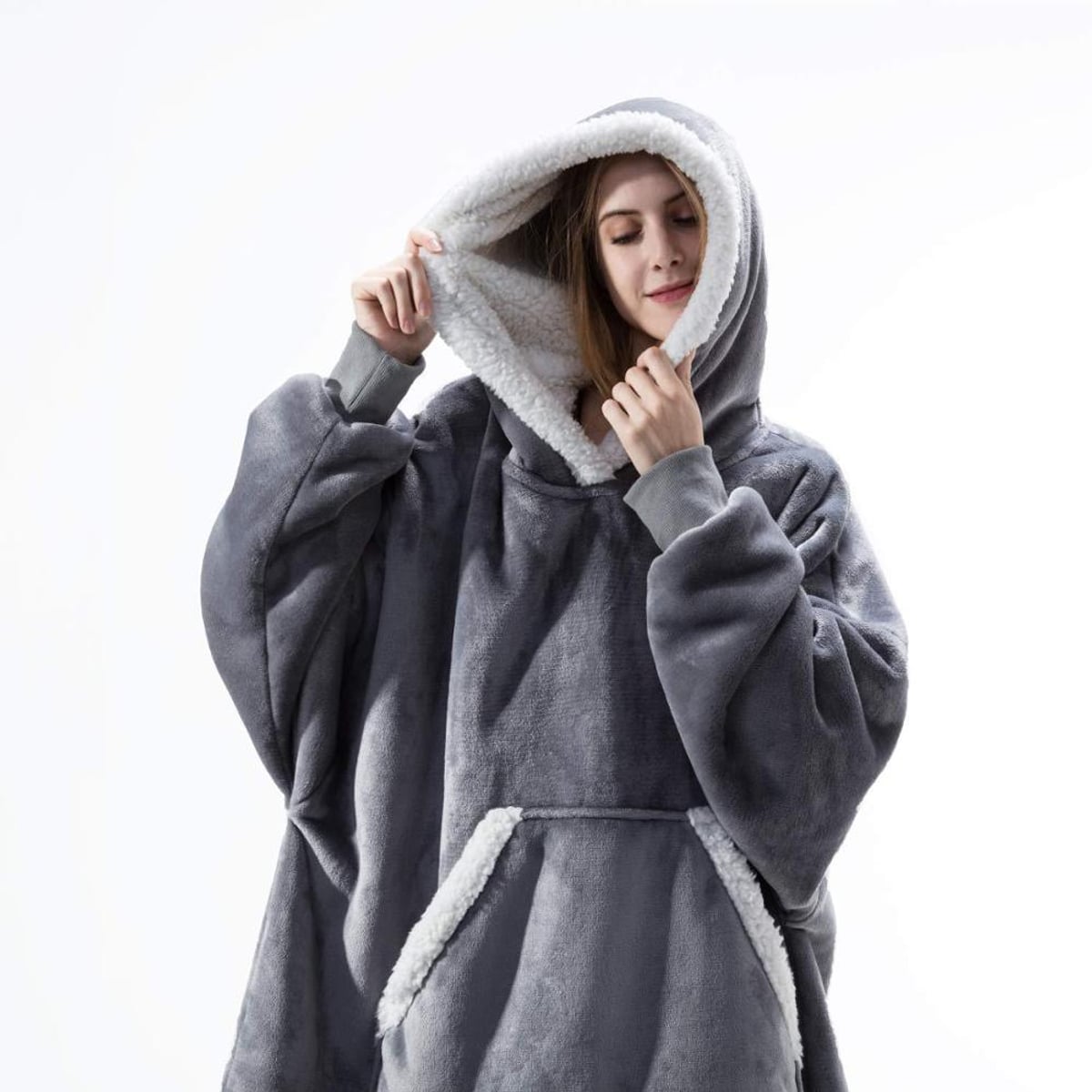 women's oversized hooded blanket sweatshirt in gray with pockets