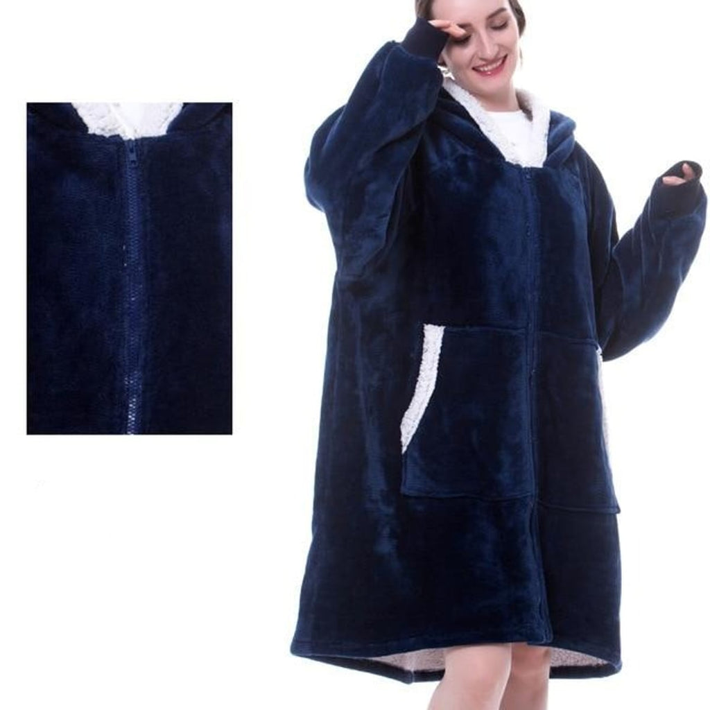 women's oversized hooded blanket sweatshirt in blue zipper