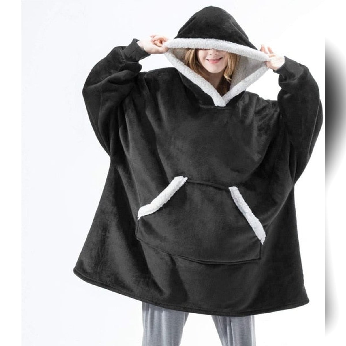 women's oversized hooded blanket sweatshirt in black with pockets