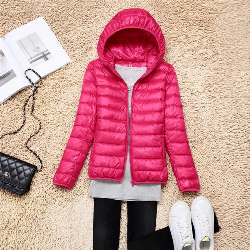 women's packable hooded puffer coat in rose red