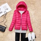 women's packable hooded puffer coat in rose red