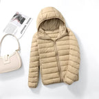 women's packable hooded puffer coat in champagne