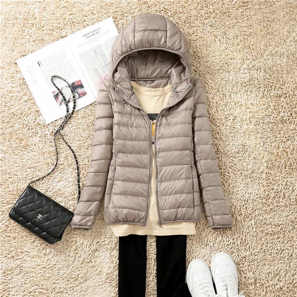 women's packable hooded puffer coat in khaki