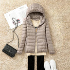 women's packable hooded puffer coat in khaki
