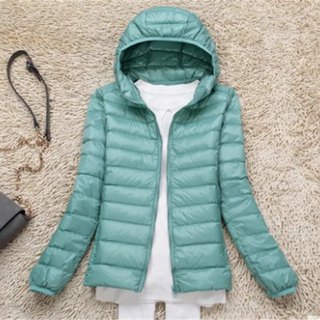 women's packable hooded puffer coat in pea green