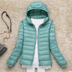 women's packable hooded puffer coat in pea green