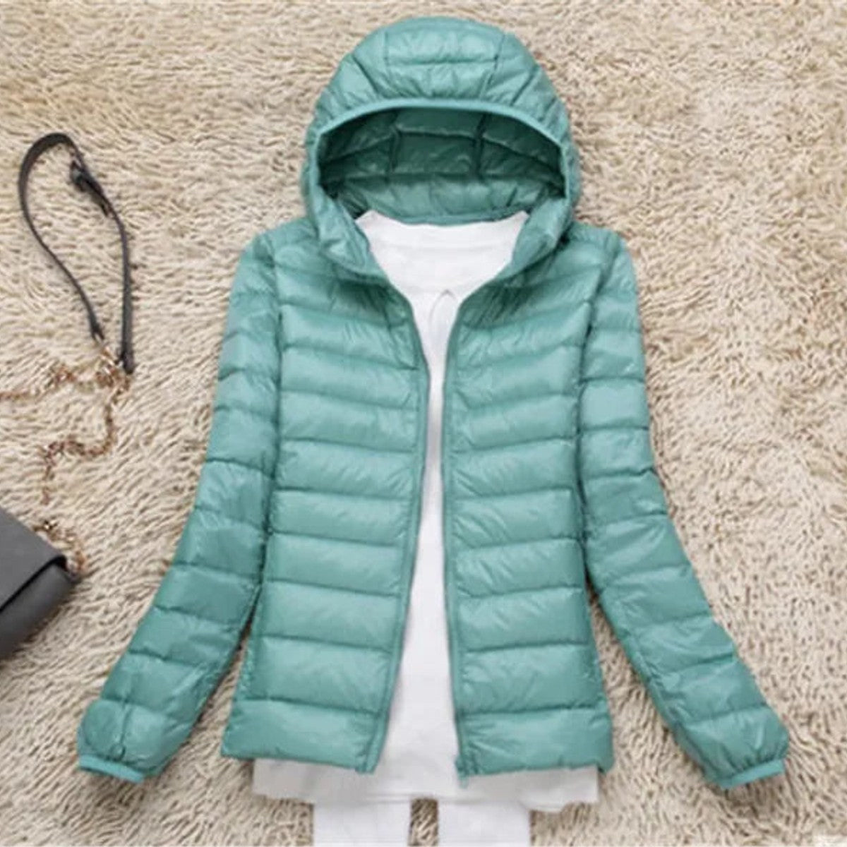 women's packable hooded puffer coat in pea green