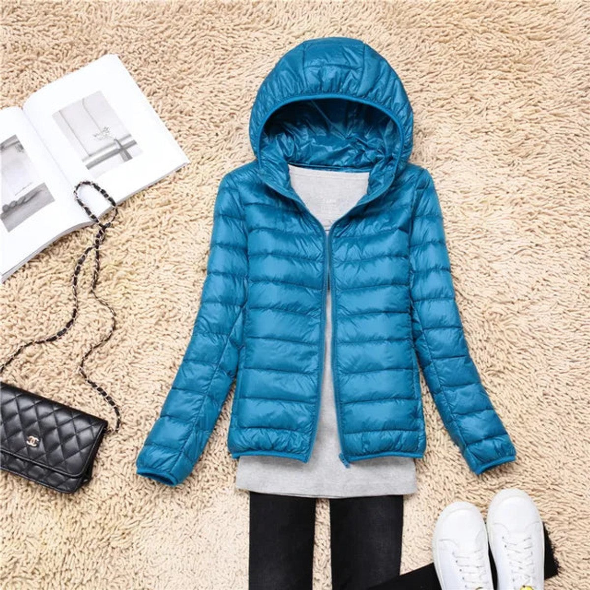 women's packable hooded puffer coat in lake blue