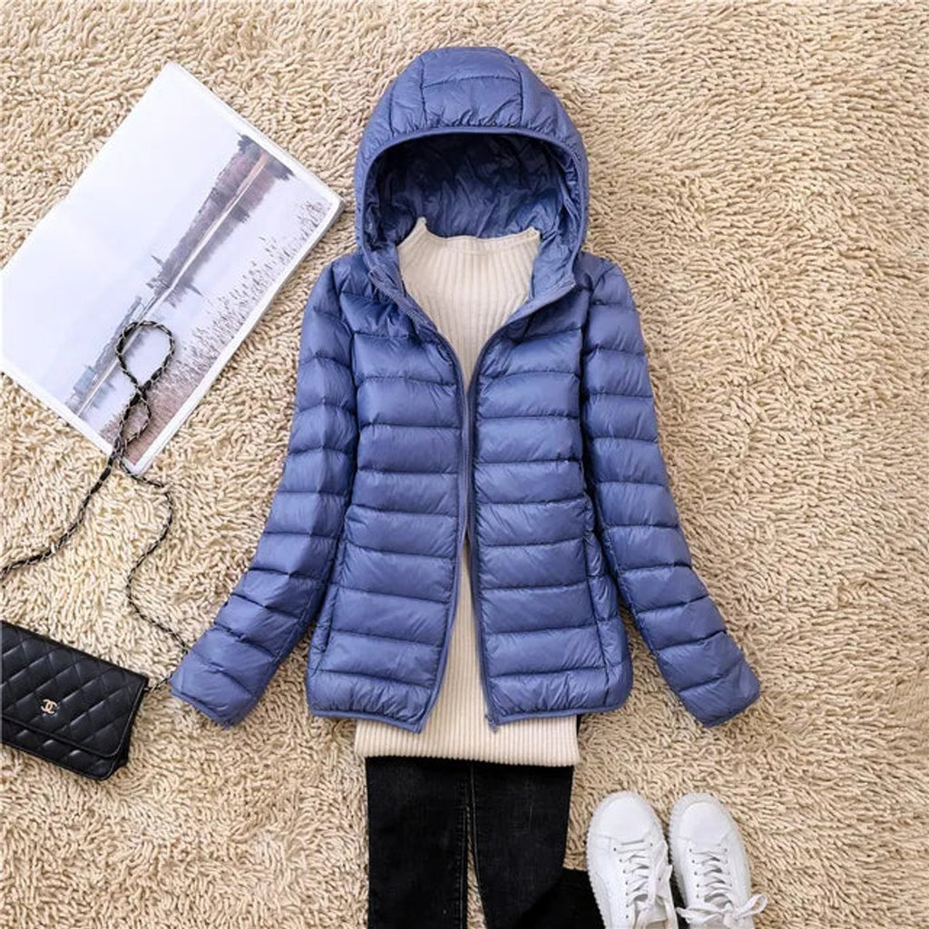 women's packable hooded puffer coat in haze blue