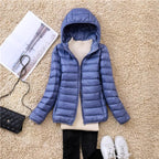 women's packable hooded puffer coat in haze blue