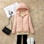 women's packable hooded puffer coat in cherry pink
