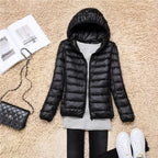 women's packable hooded puffer coat in black