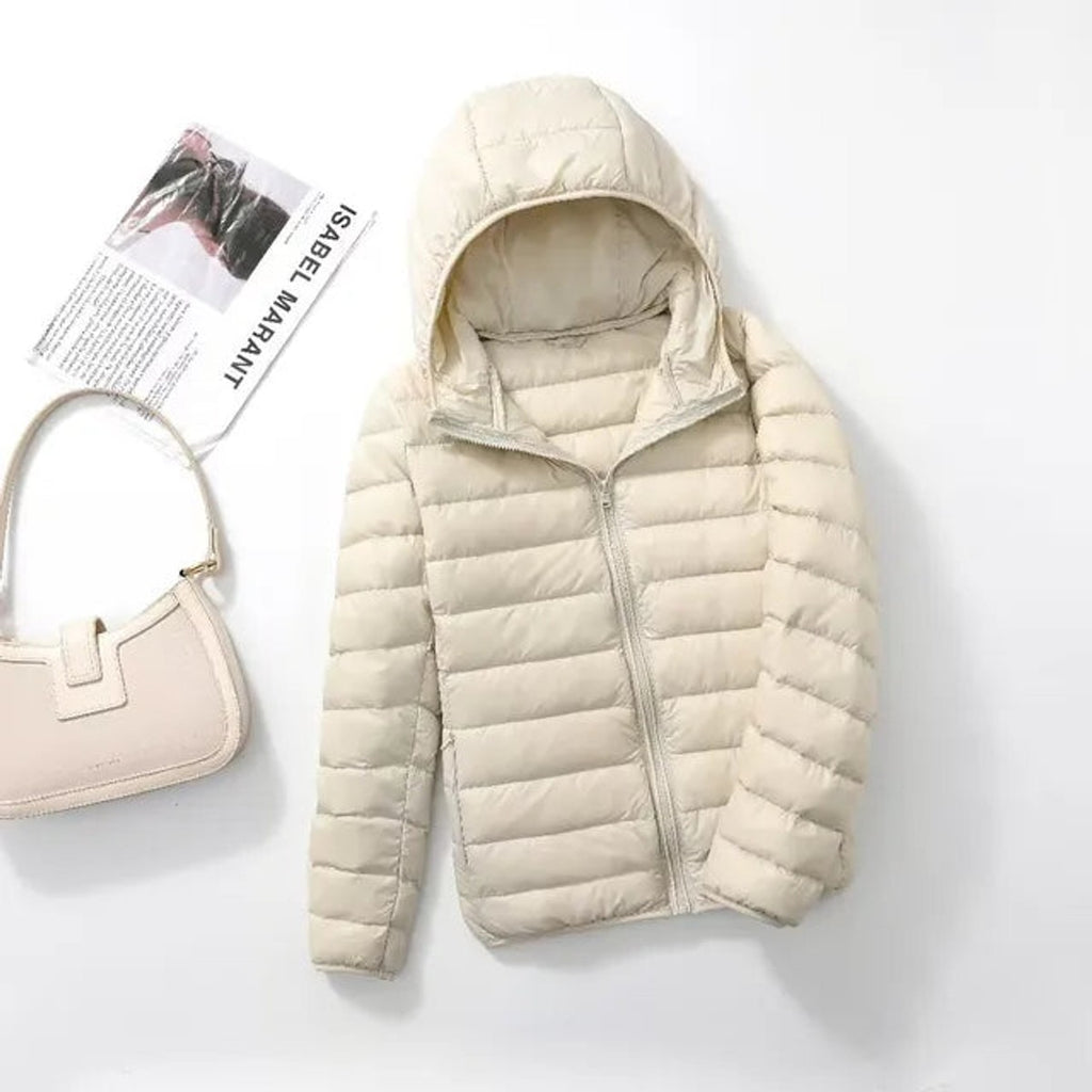 women's packable hooded puffer coat in cream