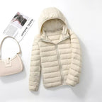 women's packable hooded puffer coat in cream