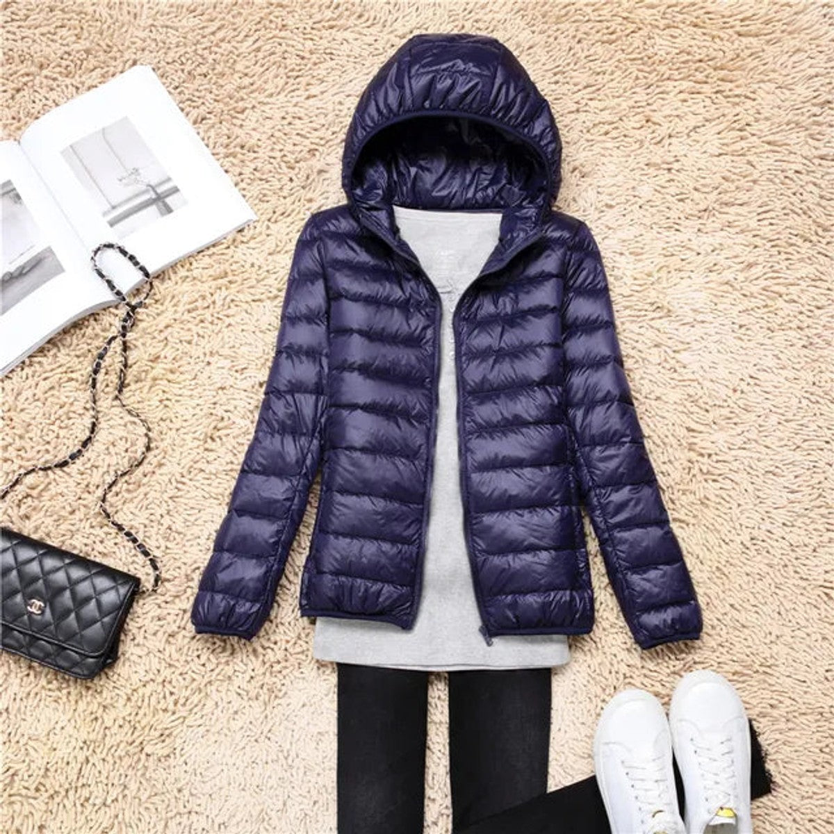 women's packable hooded puffer coat in navy blue