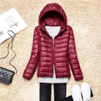 women's packable hooded puffer coat in wine red