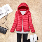 women's packable hooded puffer coat in red