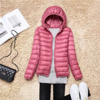 women's packable hooded puffer coat in leather pink